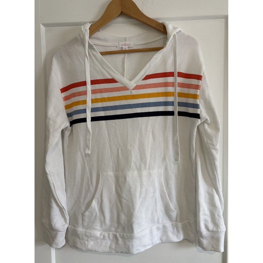 Colsie Beach Retro Rainbow Stripe Hoodie Sweatshirt XS White V-Neck Oversized